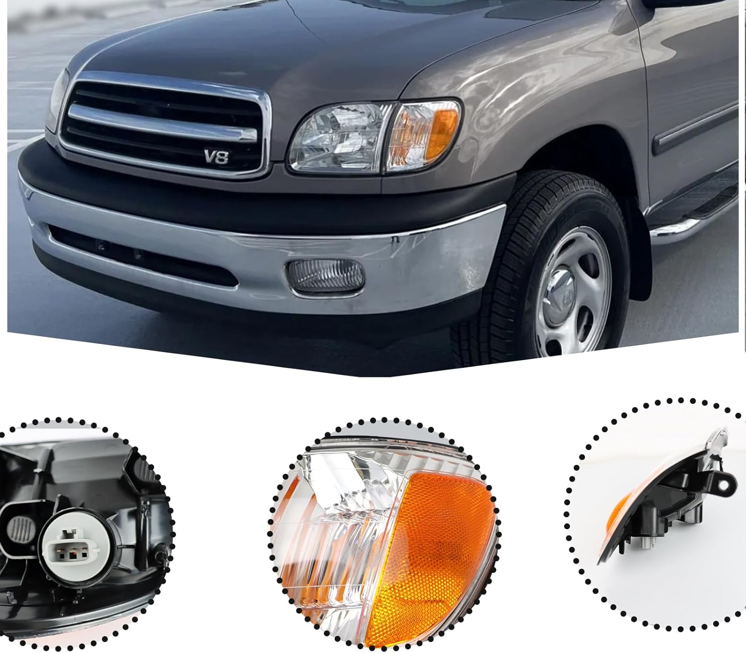 1PC Replacement Headlight Chrome Trim Corner Turn Signal Lights Compatible With 2000-2004 Toyota Tundra Regular/Access Cab, Front Passenger Side / TO2530135 / 81520-0C010