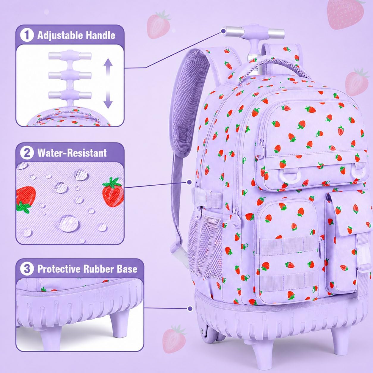 WZLVO 3PCS Roller Backpack, Water Resistance Girls Wheeled Bookbag, Women Aesthetic Rolling School Bag Set with Lunch Box & Pencil Bag for Teens & Kids - Purple Strawberry image 5