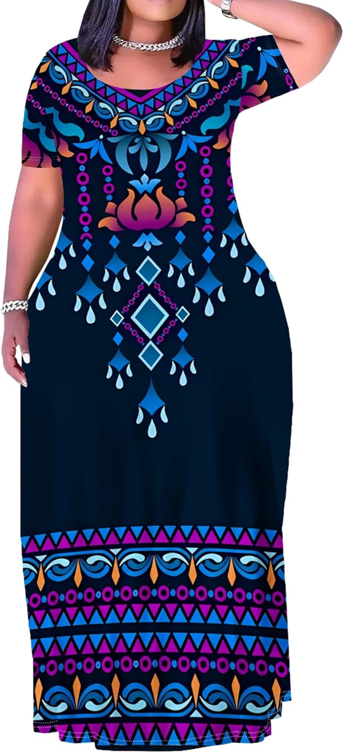 PinkPatty Women's Plus Size Maxi Dresses Short Sleeve Sundress Summer T-Shirt Beach Dress with Pockets(Print3 XL)