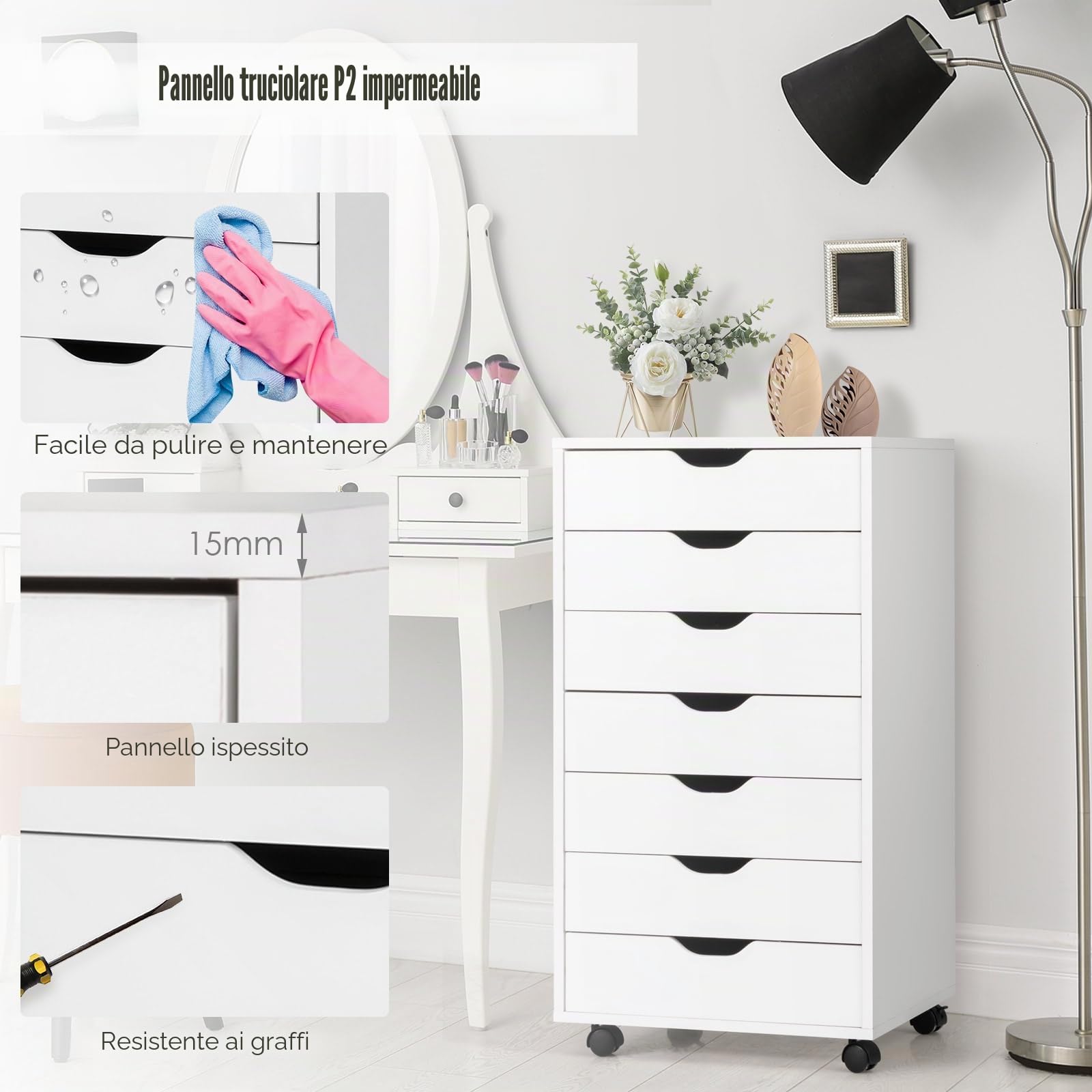 KOMFOTTEU Cassettiera Ufficio con 7 Cassetti, Cassettiera Scrivania con 4 Ruote Bloccabili, Schedario Portadocumenti in Legno, per Stampante per Studio, Camera da Letto, 49 x 40 x 87 cm (Bianco)