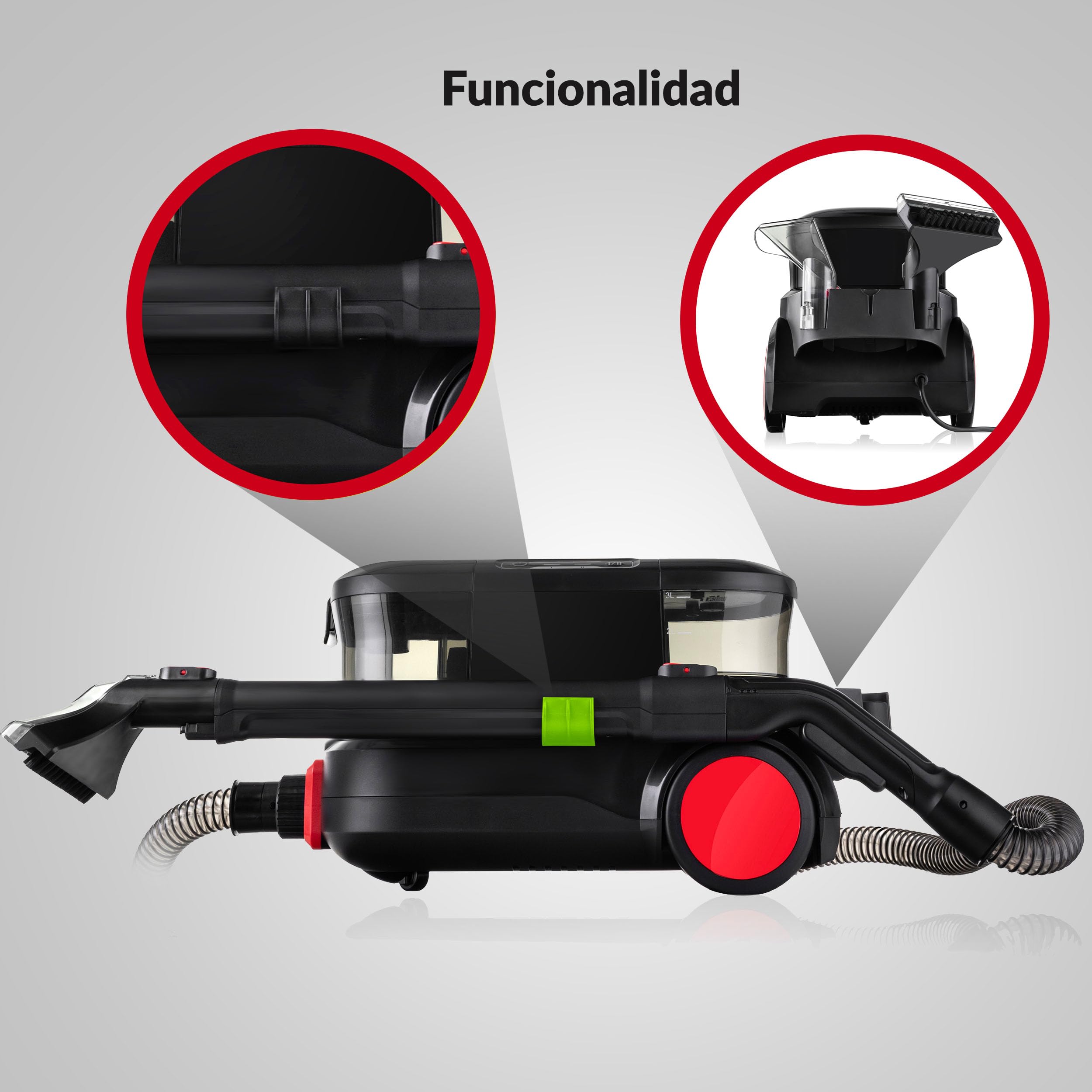 LEHMANN Prowash - Aspiradora de lavado de 2000 W, limpiador de tapicería y alfombras, detergente de 3 L, boquillas de alfombras y tapicería