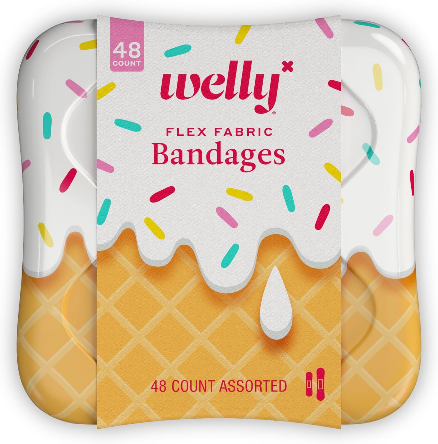 Bandages | Adhesive Flexible Fabric Bravery Badges | Assorted Shapes for Minor Cuts, Scrapes, and Wounds | Colorful and Fun First Aid Tin | Ice Cream Patterns - 48 Count