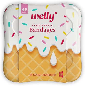 ضمادات Welly | شارات قماش مرنة لاصقة | أشكال متنوعة للقطع الصغيرة والخدوش والجروح | علبة الإسعافات الأولية الملونة والممتعة | أنماط الآيس كريم - 48 عد