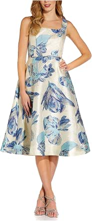 AIDAN MATTOX Womens Turquoise Zippered Textured Lined Floral Sleeveless V Neck Midi Cocktail Fit + Flare Dress