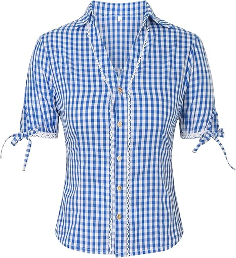 Trachtenbluse Damen Rot Weiß Karo - Oktoberfest Oberteil Mit Stehkragen