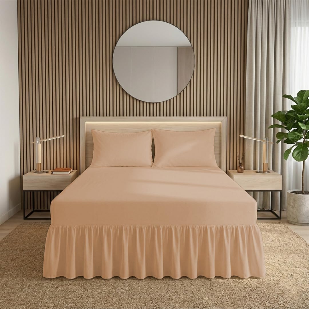 Ziya Homes Fitted Valance Sheets - Polycotton Frilled Bed Sheet Anti Allergic Bed Skirt - Extra Deep Super King BedSheet (Beige)