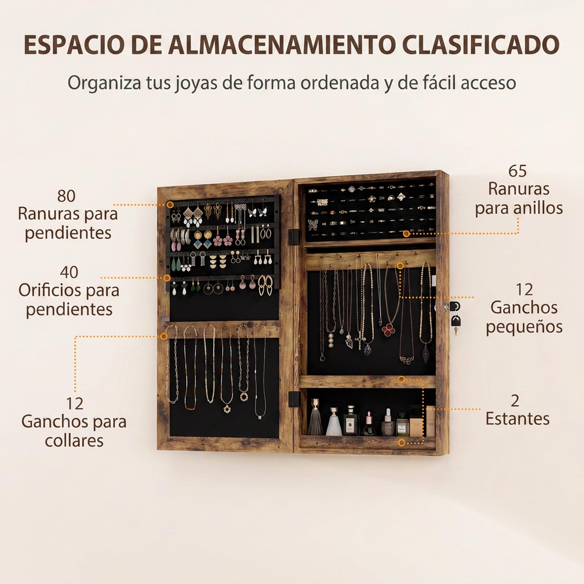 HOMCOM Espejo Joyero Pared con Cerradura Montar Pared Puerta Marrón Rústico