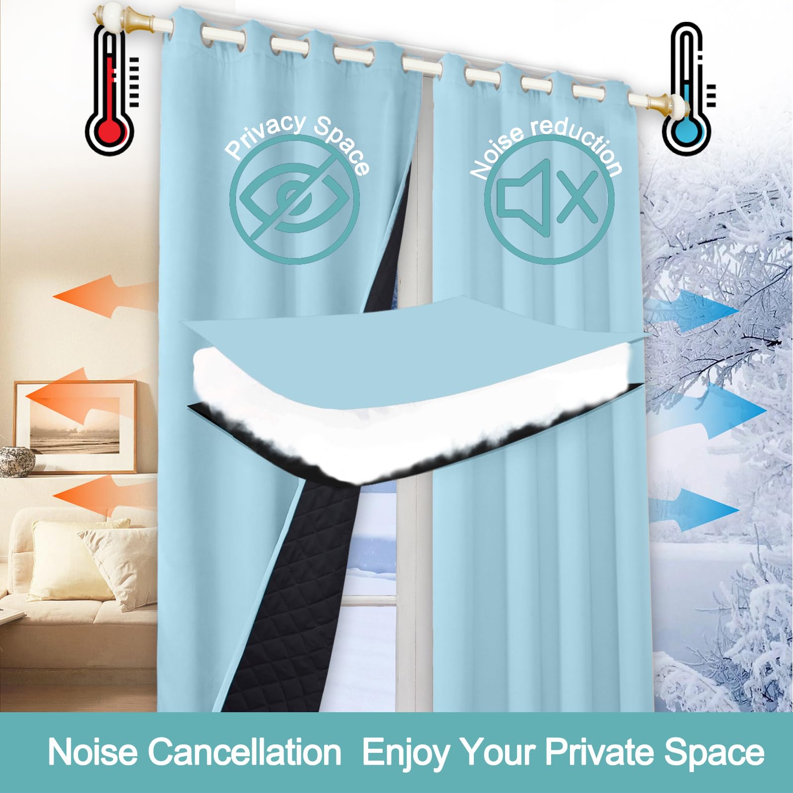 Résistant au Froid climatisation Panneau de Rideau Salon 100% occultant Rideau Yeux Anti - Chaleur Hiver Chaud Rideau(1PC,360 x 120cm)
