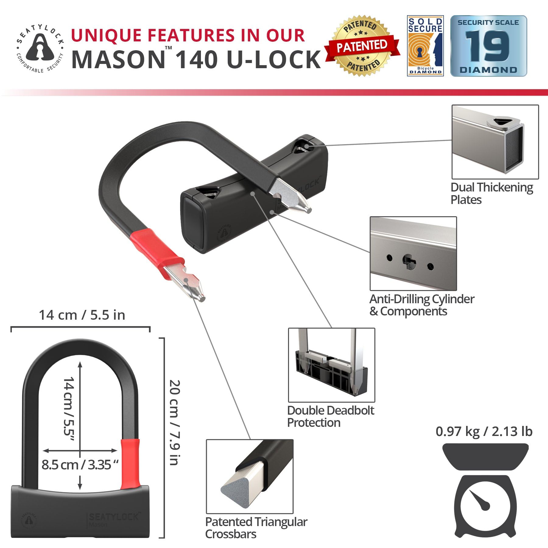 Seatylock Mason - Lucchetto a "U" per bici - Lucchetto antifurto a diamante brevettato, resistente, ultra sicuro, per la sicurezza delle biciclette, con chiavi, per biciclette elettriche urbane o da