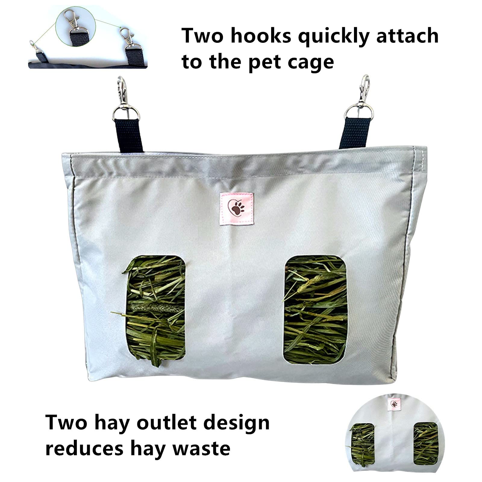 Sac à Foin, Sac pour mangeoire à Foin de Lapin, mangeoire pour Cavies, Sac à Foin pour Animaux de Compagnie, pour Lapin/Cavies/Hamsters/Chinchillas Essentiels Animaux domestiques(2 Ouvertures) (Gris)