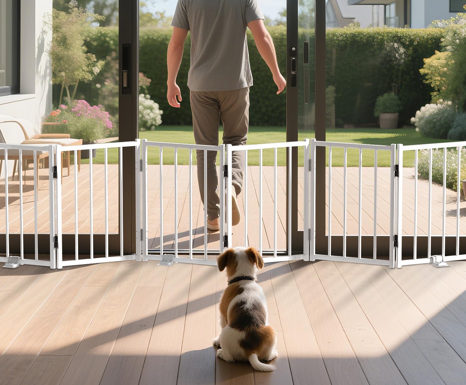 BFNN Free Standing Foldable Dog Gate, 16.5" High Step-Over Metal Short Pet Gate, Up to 72" Wide Puppy Fence for Stairs and Doorways, Indoor & Outdoor Use, No Drilling and No Assembly, White