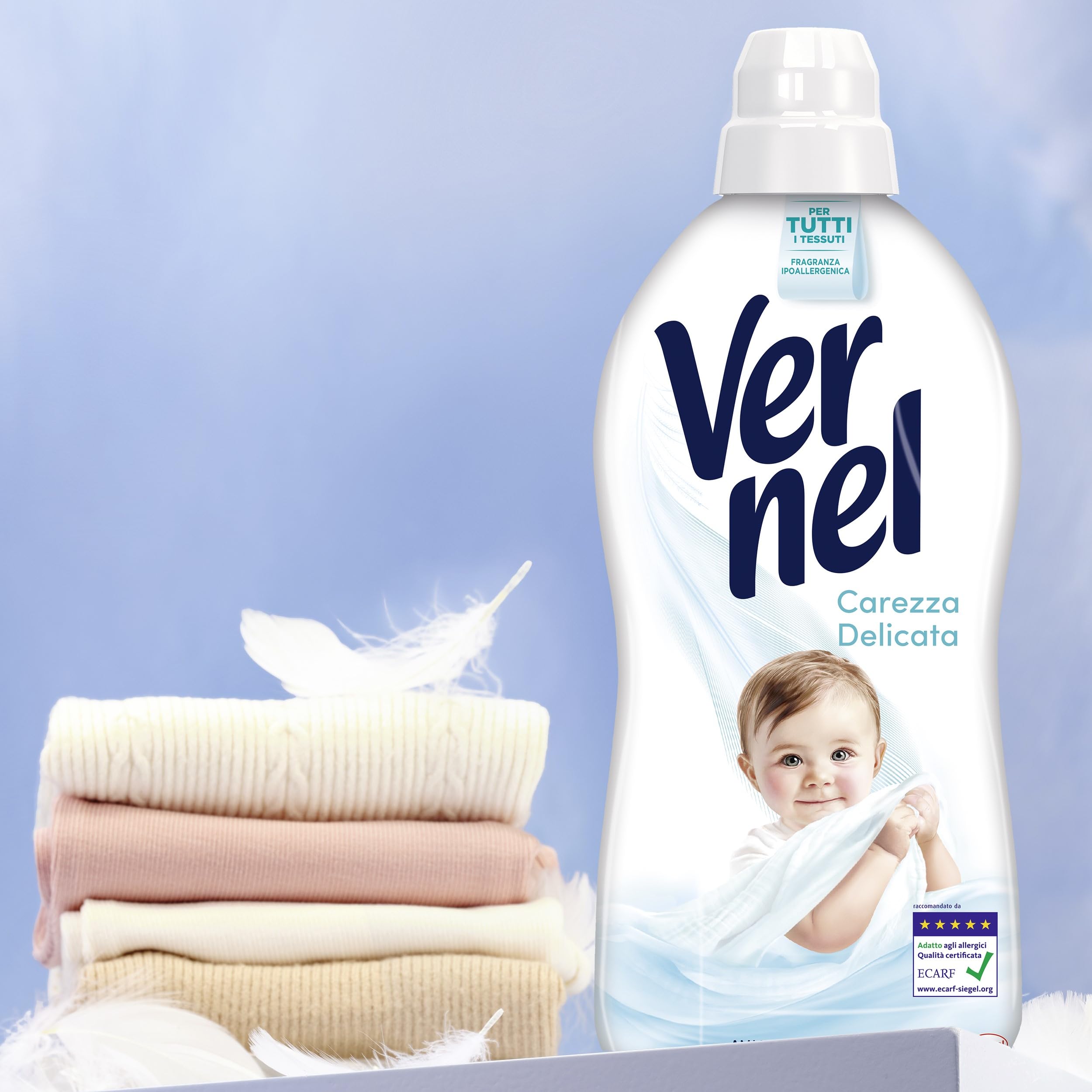 Ammorbidente Concentrato Vernel Carezza Delicata (10 x 48 lavaggi), Ammorbidente Concentrato per Tutti i Tessuti, con Fragranza Ipoallergenica, Approvato Dermatologicamente per Pelli Sensibili