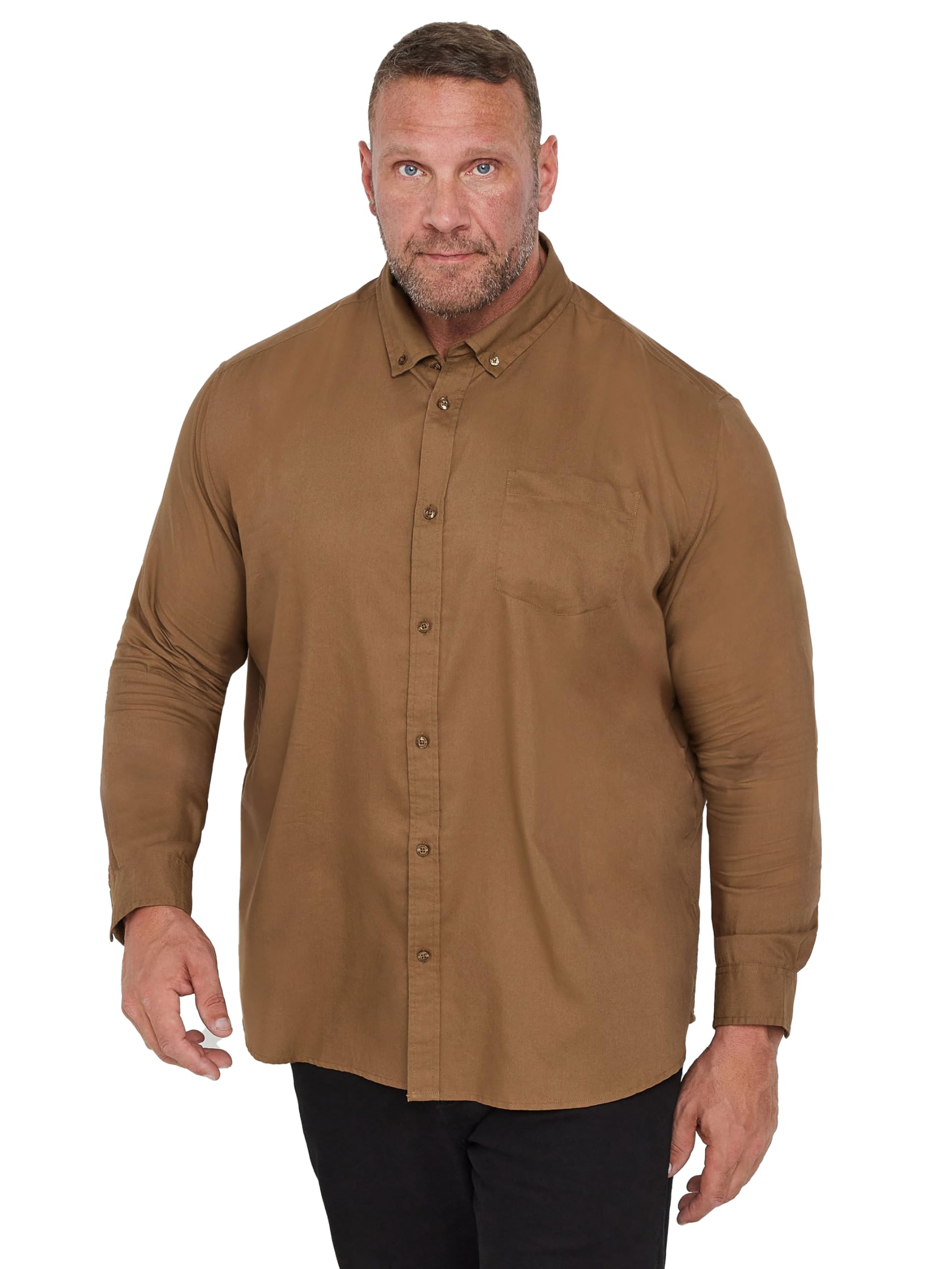 Badrhino Men's Brown Big & Tall Tan Long Sleeve Oxford Shirt - Plus Size Curve