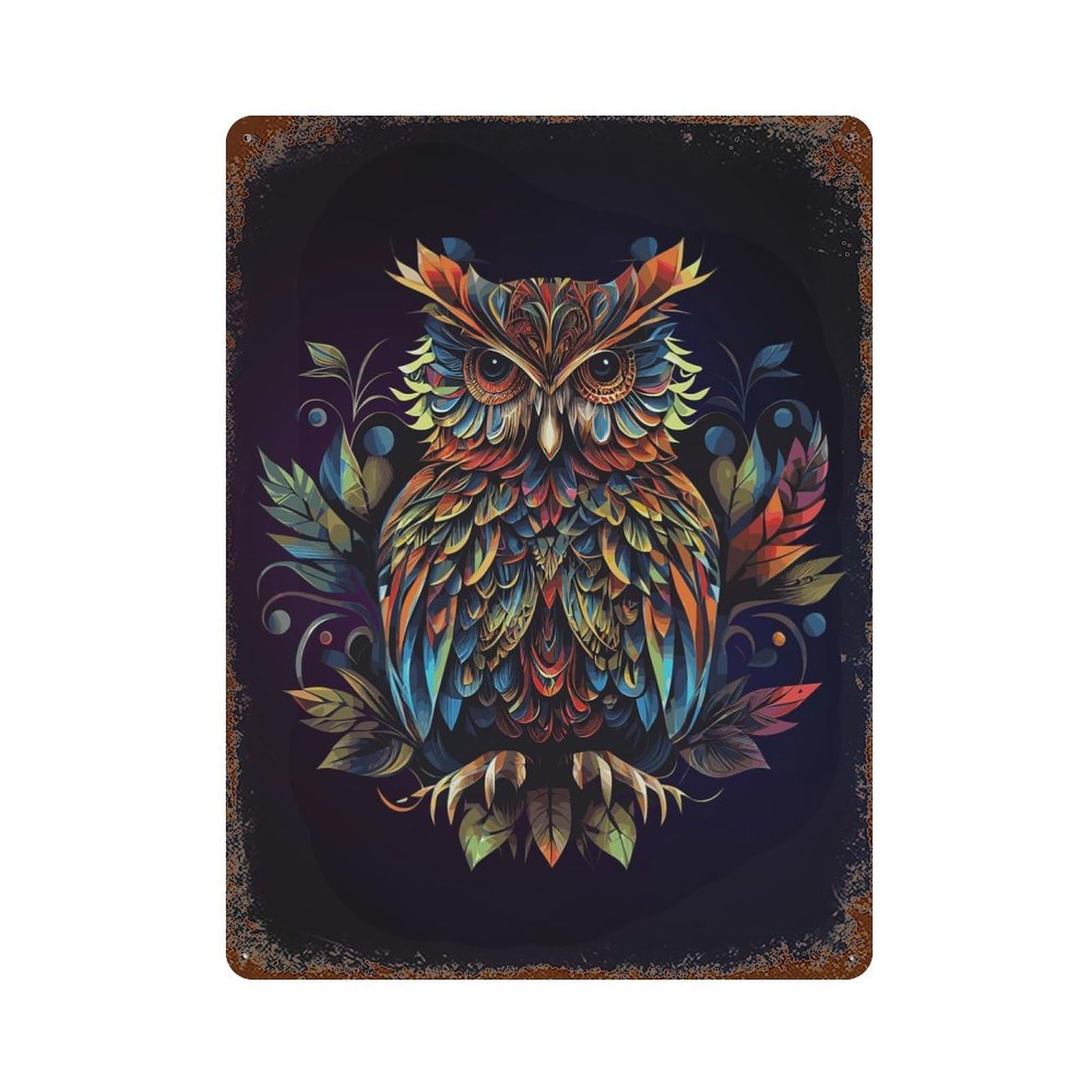 Garage Style Abstract Owl Painting Distressed Metal Wall Sign 15.7"x11.8", Vintage Wall Decor for Bar And Workshop
