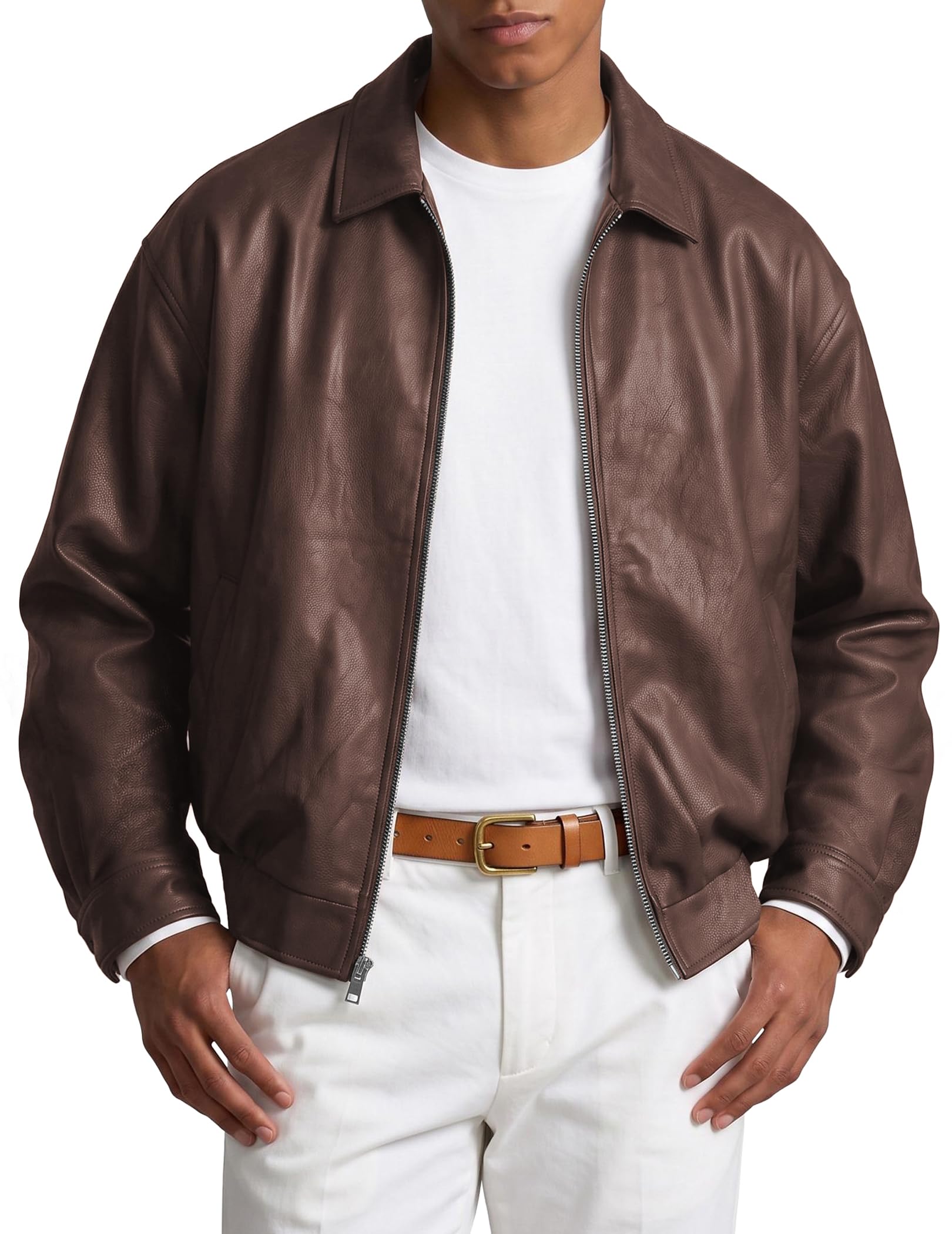 JMIERR Mens Faux Leather Jacket With Pockets Zip Up Coat Relaxed Fit