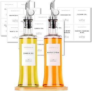 Olive Oil Dispenser Bottles for Kitchen with Bamboo Tray, Oil and Vinegar Dispenser Set, Coffee Syrup Dispensers, Glass Dispensers for Kitchen, Dispenser Bottle of 300ml - Set of 2 Silvery