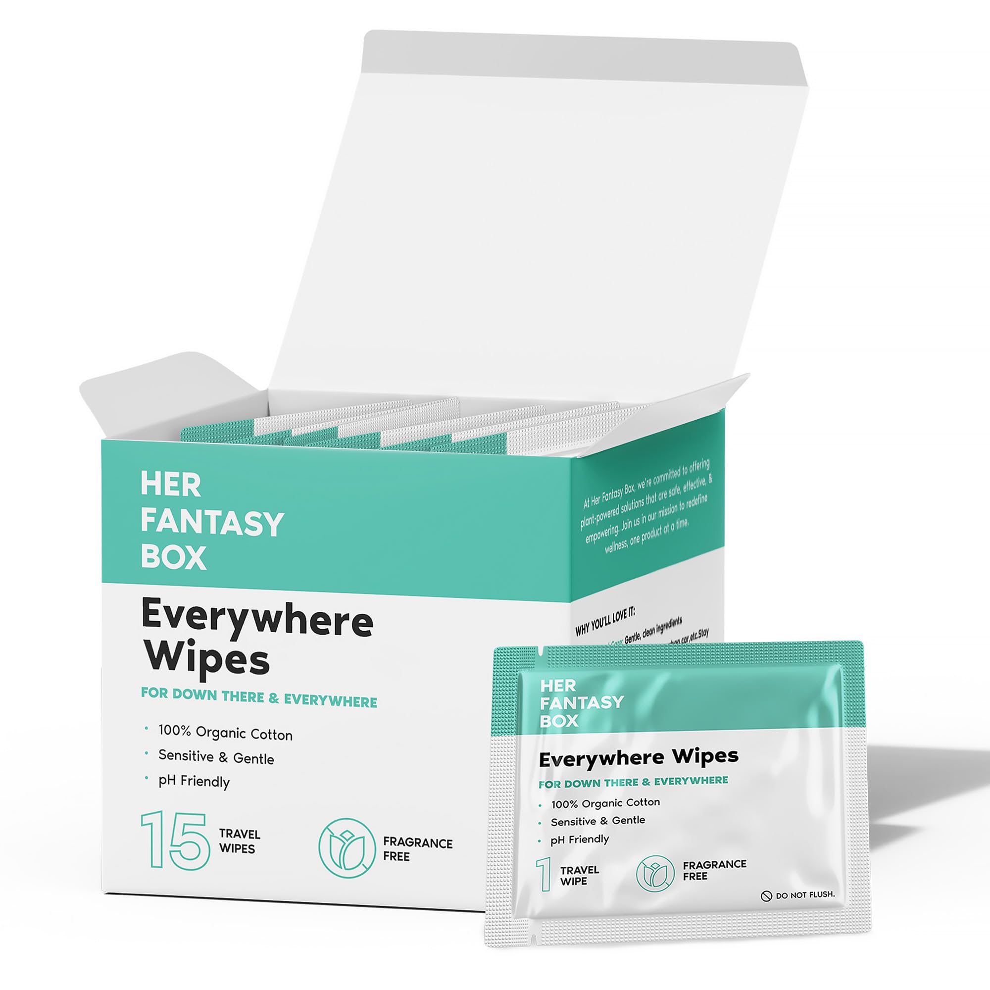 Her Fantasy Box | Everywhere Wipes – 100% Organic Cotton, Gentle & Refreshing, pH-Balanced, Fragrance-Free, Plant-Powered for Body, Face & Intimate Areas, Ideal for Sensitive Skin - 1 Pack, 15 Wipes
