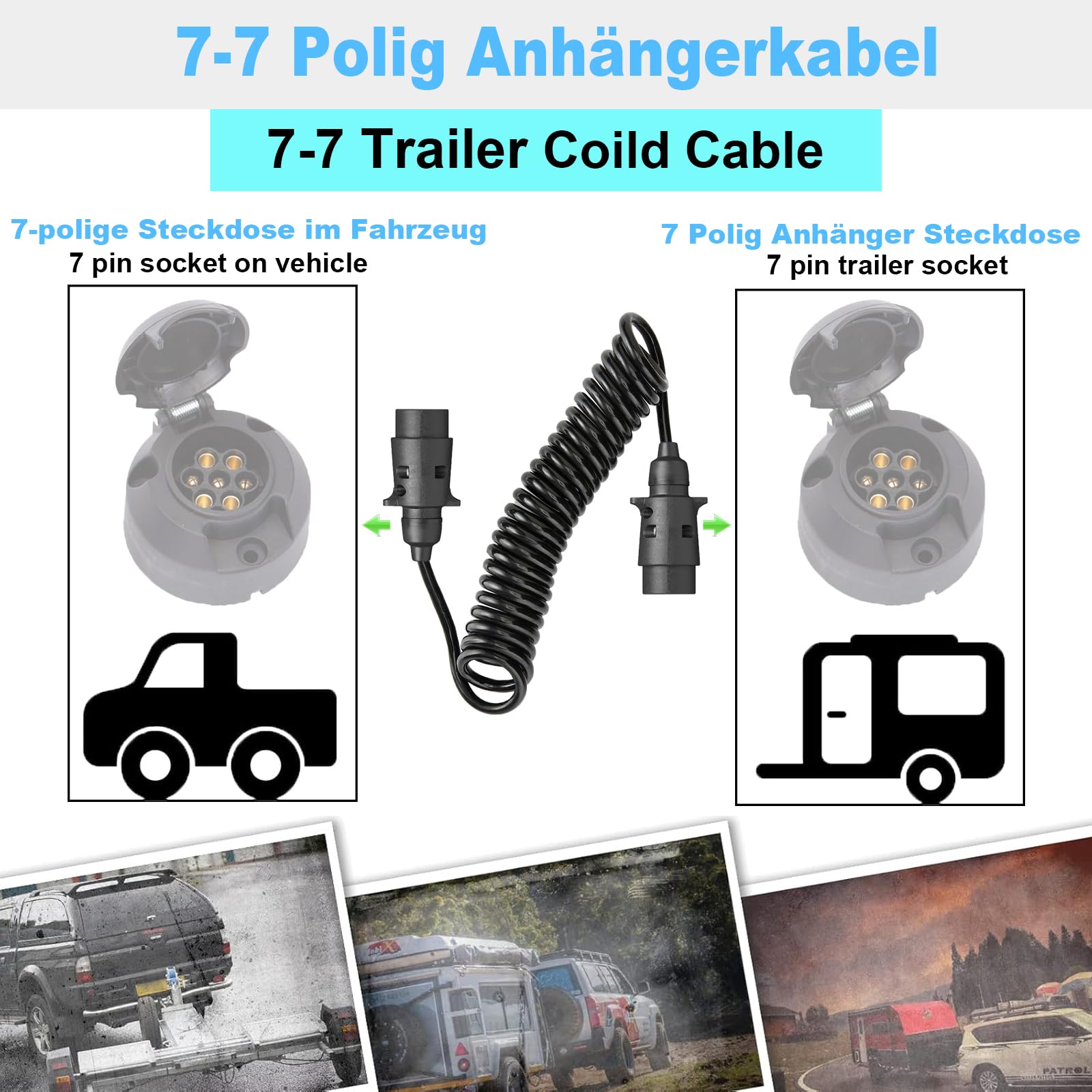 Rallonge Remorque 7 Broches, Câble de Remorque 7 Broches, Câble de Rallonge 2.3 Mètres, Cable Remorque 7 Broches, Câble Universel pour Remorque/Véhicule Utilitaire/Caravane (Câble 7 Broches 2.3m)