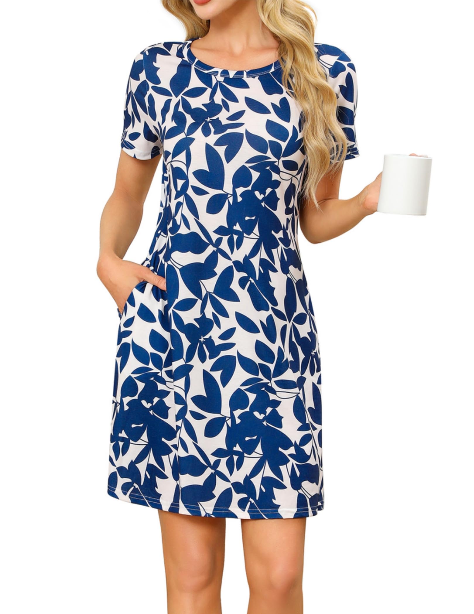 ZEAGOO T Shirt Kleid Damen Kurzarm Rundhals Kleider Sommer Leicht Tshirt Kleid Knielang Lässig Sommerkleid mit Taschen