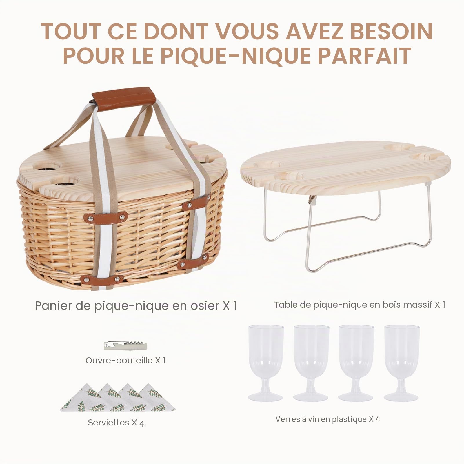 Panier de Pique-Nique Zettfuly pour 4 Personnes - Panier en Osier Isotherme avec Table à vin Pliante, kit de Pique-Nique à vin avec Doublure pour Couples, Camping, extérieur, Saint-Valentin (Feuille)