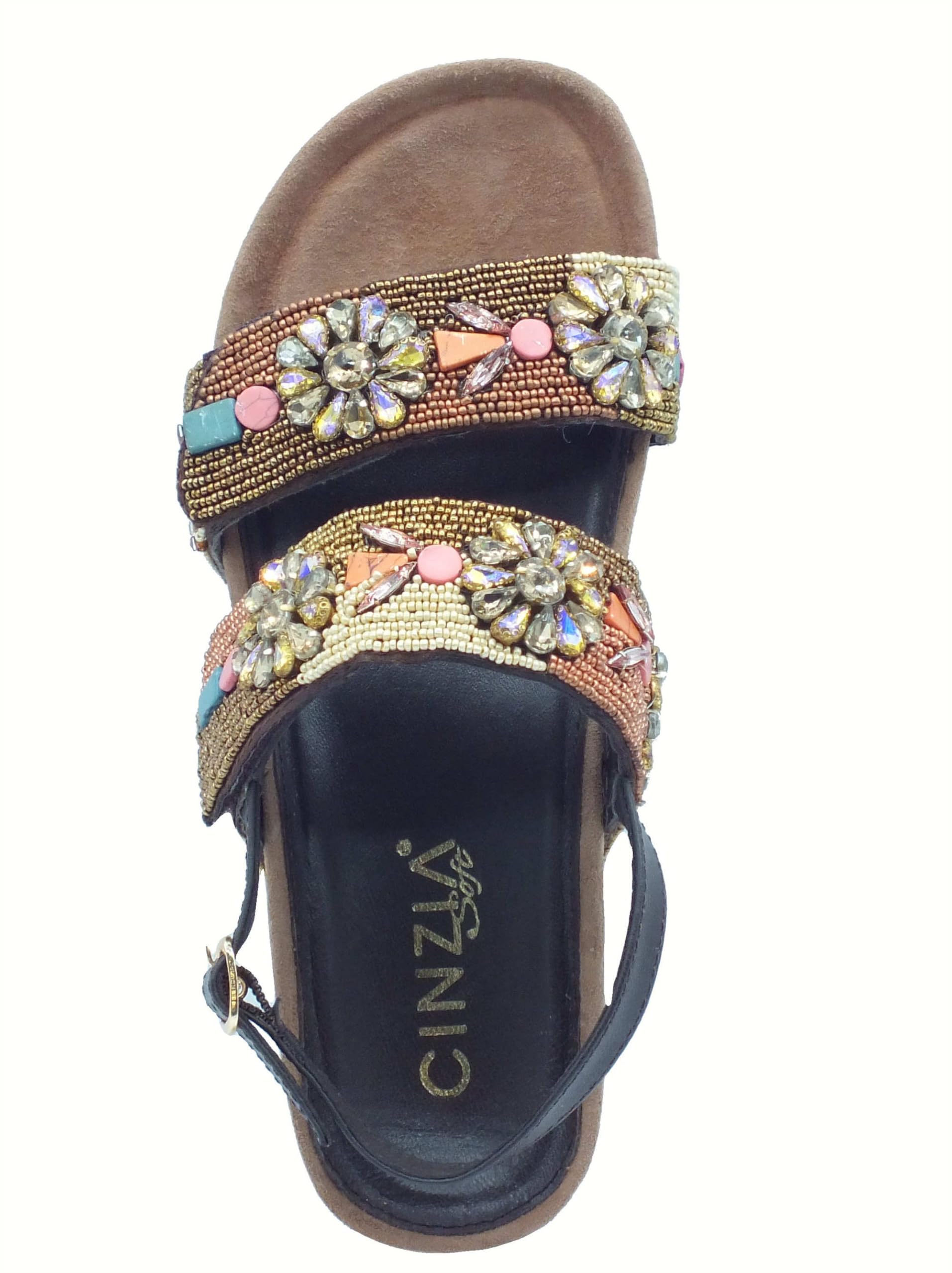 IT1031 Brown Multi Sandali per Donna con Perline Multicolore Doppio Strappo Zeppa Media