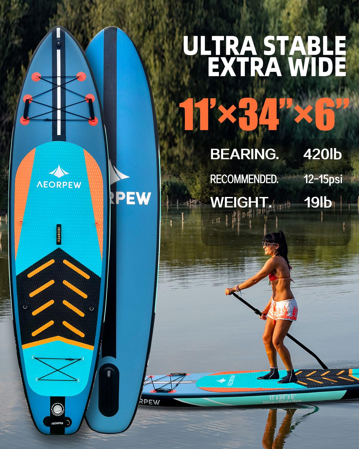 Tabla de remo inflable de 34 pulgadas de ancho para mujer con accesorios de tablas de remo de primera calidad, remo Adj SUP, mochila de 100 L, adecuada para tablas de SUP versátiles de todos