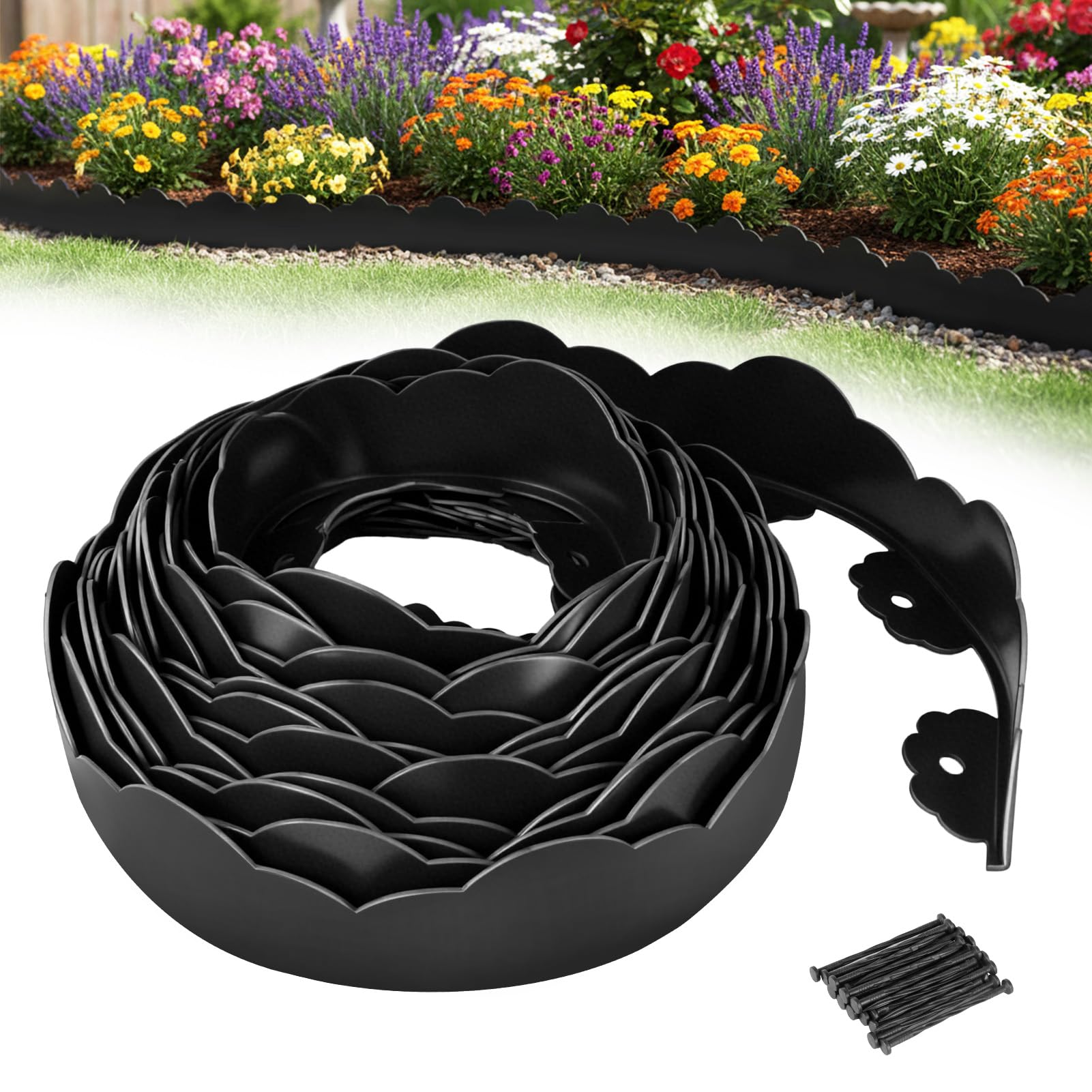 Flexible No-Dig Lawn Edging Strip, 10m with 30 Pegs, Durable PP Garden Edging Border & Garden Borders Edging for Beds & Lawns – Easy Cut/Bend, 7cm Height, Black