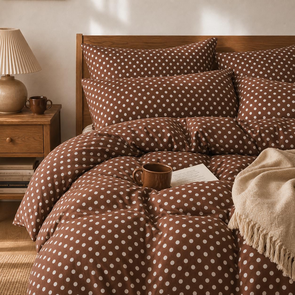 Freyamy Bettwäsche 155x220cm 2tlg Braun mit Creme Polka Dot Bettwäsche