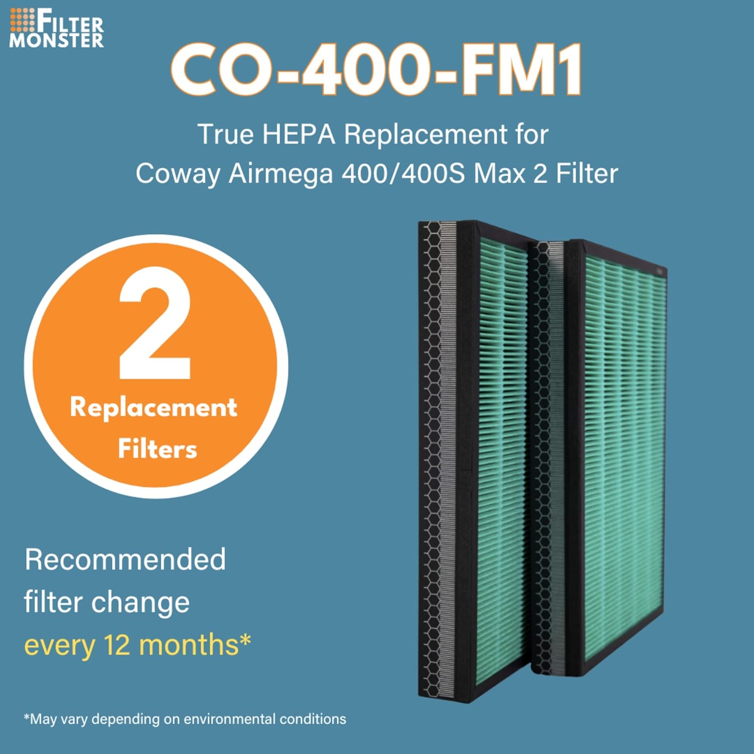 Filter-Monster Replacement with Carbon Filter Set Compatible with Coway Airmega 400/400S Max 2 Filter for Airmega 400 Air Purifier, 2 Pack