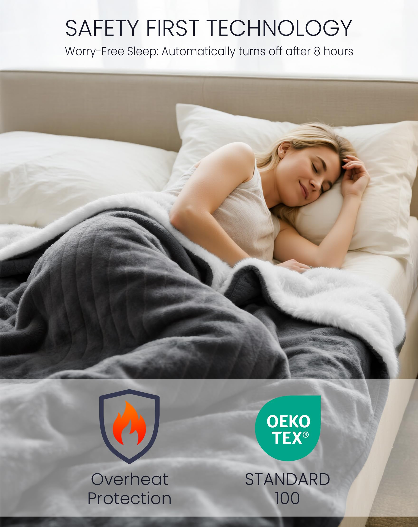 anysun Coperta Termica 200x180 cm, Coperta Elettrica Matrimoniale con Timer 1-10h e Autospegnimento, 6 Livelli di Temperatura, Flanella e Simil Pelliccia di Coniglio, Lavabile in Lavatrice