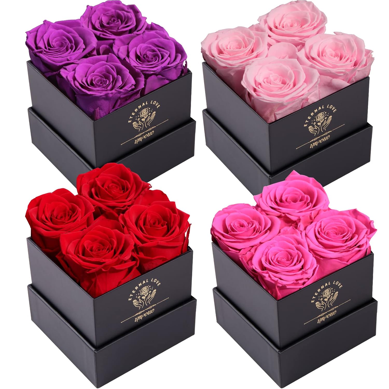 Impouo Preserved Roses Radiant Pink, Red, Purple, Pink Bundle, 4 Roses in a Box, Long Lasting for Valentine's Day