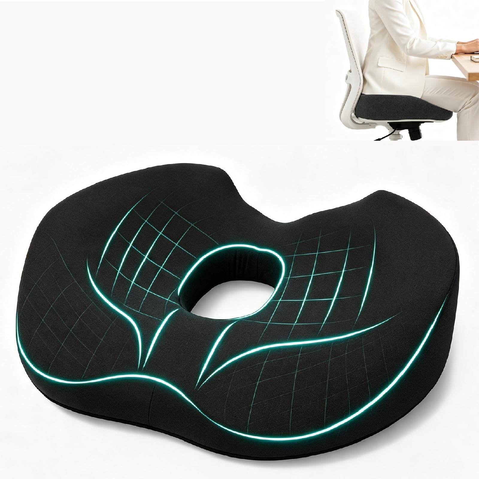 KIENG Cuscino da seduta in memory foam, per coccige, per alleviare la sciatica, il dolore all'anca e al coccige, per sedie da ufficio, sedie a rotelle, auto, con base antiscivolo per sedersi a lungo