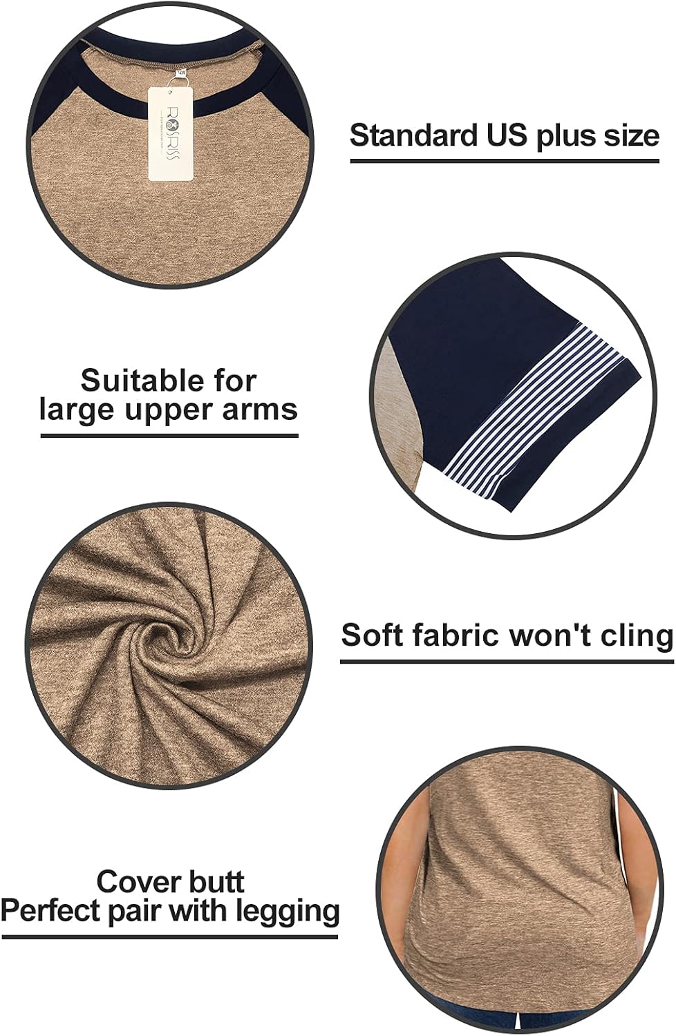 ROSRISS Plus-Size-Tops for Women Summer Short Sleeve Raglan Color Block Striped T-Shirts - Image 4