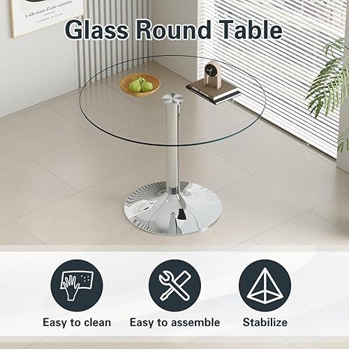 Miniatura 4 de Mesa de comedor de cristal de 40 pulgadas, mesa de comedor redonda con vidrio templado de 0.3 pulgadas y patas de metal cromado, fácil de limpiar,