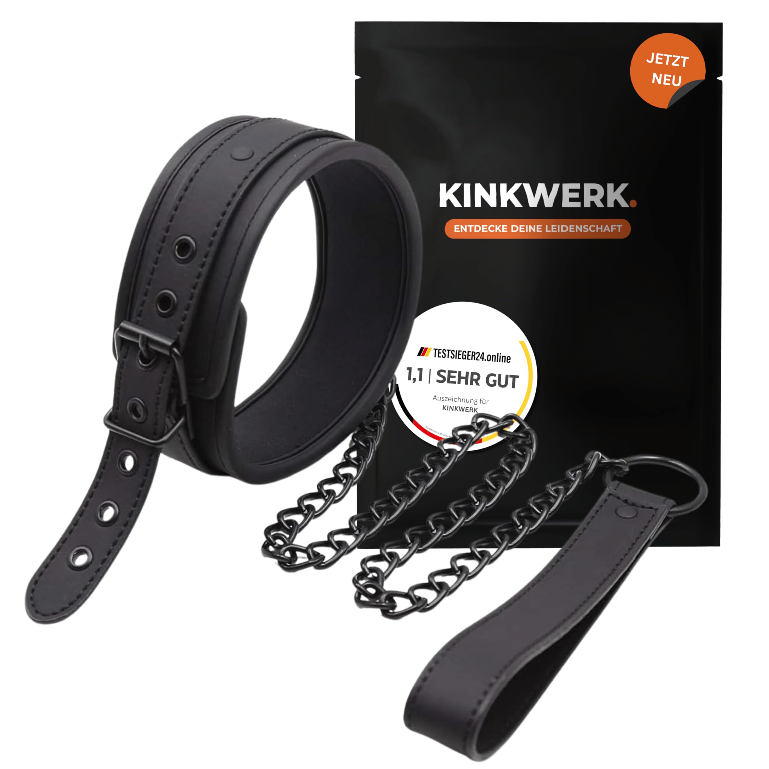 KINKWERK Manschetten Real PU für Hals | Halsband mit Führungskette | Flexibel & Robust für Bondage-Spiele | Komfortables Innenfutter | Ästhetisches, diskretes Design | BDSM, Bondage