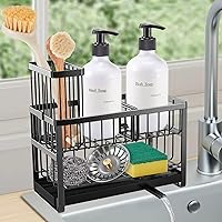 Sinnsally 2-Tier Stainless Steel Kitchen Sink Sponge Holder with Brush Rack, Rotatable Drip Tray & Soap Organizer - Black Counter Caddy
