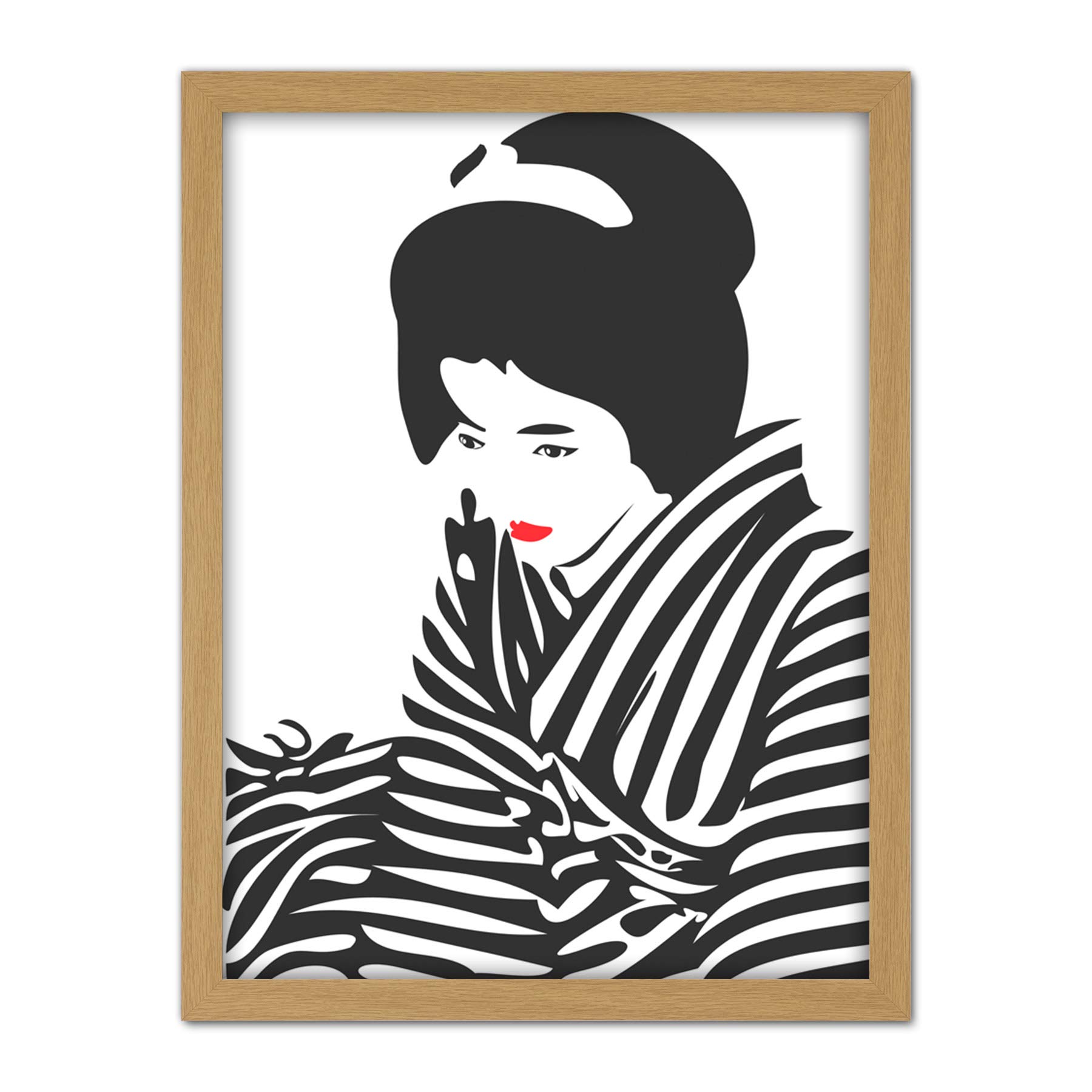Wee Blue Coo Japanese Geisha Lipstick Stripes Artwork Framed Wall Art Print 18X24 Inch