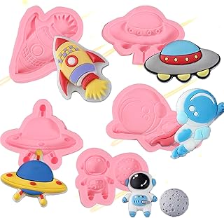 5 Pcs Astronaut Chocolate Silicone Molds, Spaceship Rocket Cake Decoration Fondant Molds for Birthday Party Cupcake Toppers, Cookie Candy Gum Flower Paste Modeling Clay Plaster Resin Reusable