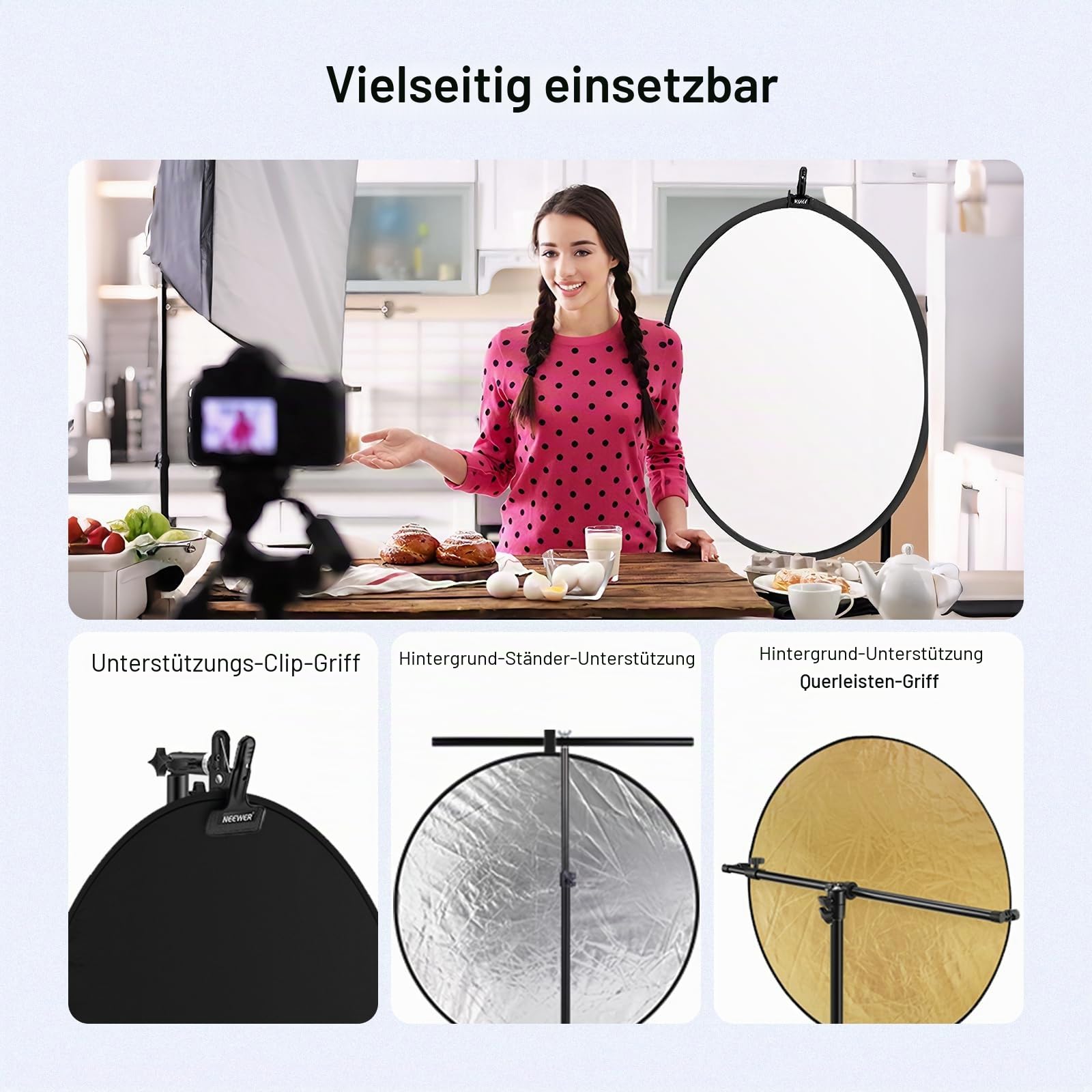 NEEWER 110cm Lichtreflektor Diffusor 5 in 1 Faltbare Multi Disc mit Tasche - Durchscheinend, Silber, Gold, Weiß und Schwarz, Fotoreflektor für Studio Fotografie Beleuchtung im Freien, RF-110