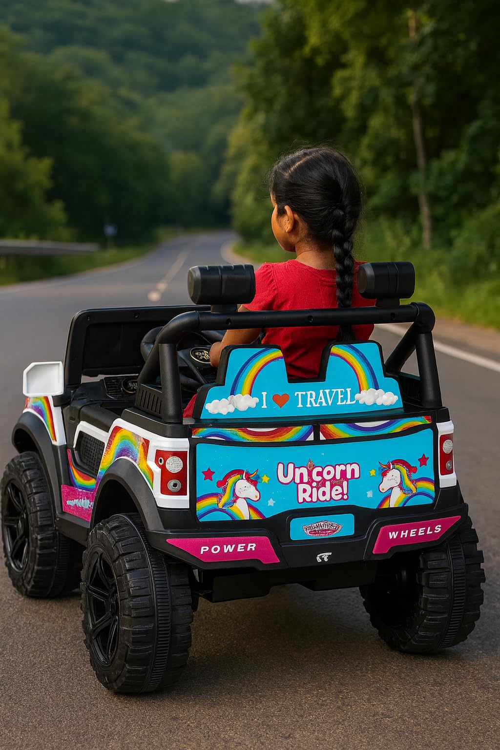 Wishmaster Limited Edition Kids Ride-On Car for Girls with Unicorn Body Graphics, Battery Operated Electric SUV Toy with Music, Lights & Remote Control – White, Pink & Rainbow Design 1