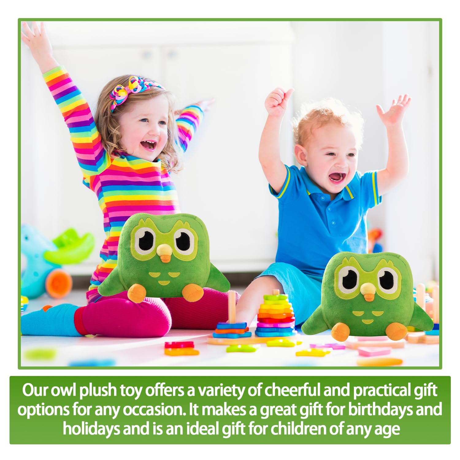 Peluche Gufo Verde, 20x30 Cm, Morbido E Coccoloso, Riempito In PP, Regalo Per Bambini E Bambine Dai 3 Anni In Su, Per Compleanni E Decorazione Casa.