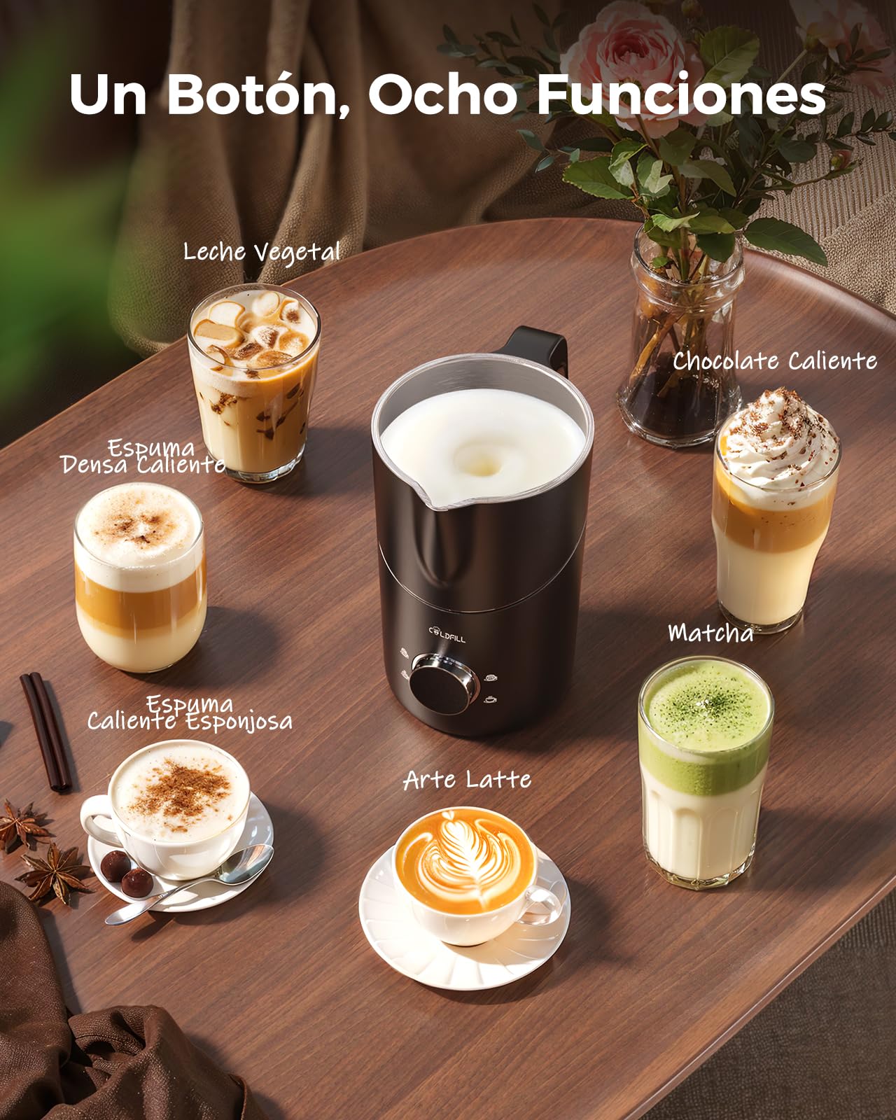 Espumador de Leche 8 en 1, Espumador Leche Electrico 400 ml, Calentador de Leche y Milk Frother para Espuma Caliente/Fría, Batidor de Leche Acero Inoxidable, Negro