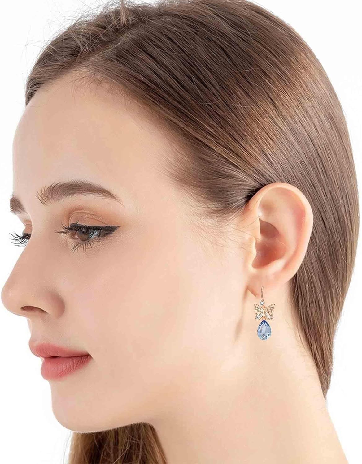 Austrian Crystal Teardrop Butterfly Drop Dangle Earrings for Women 14K Rose Gold Plated Hypoallergenic Jewelry