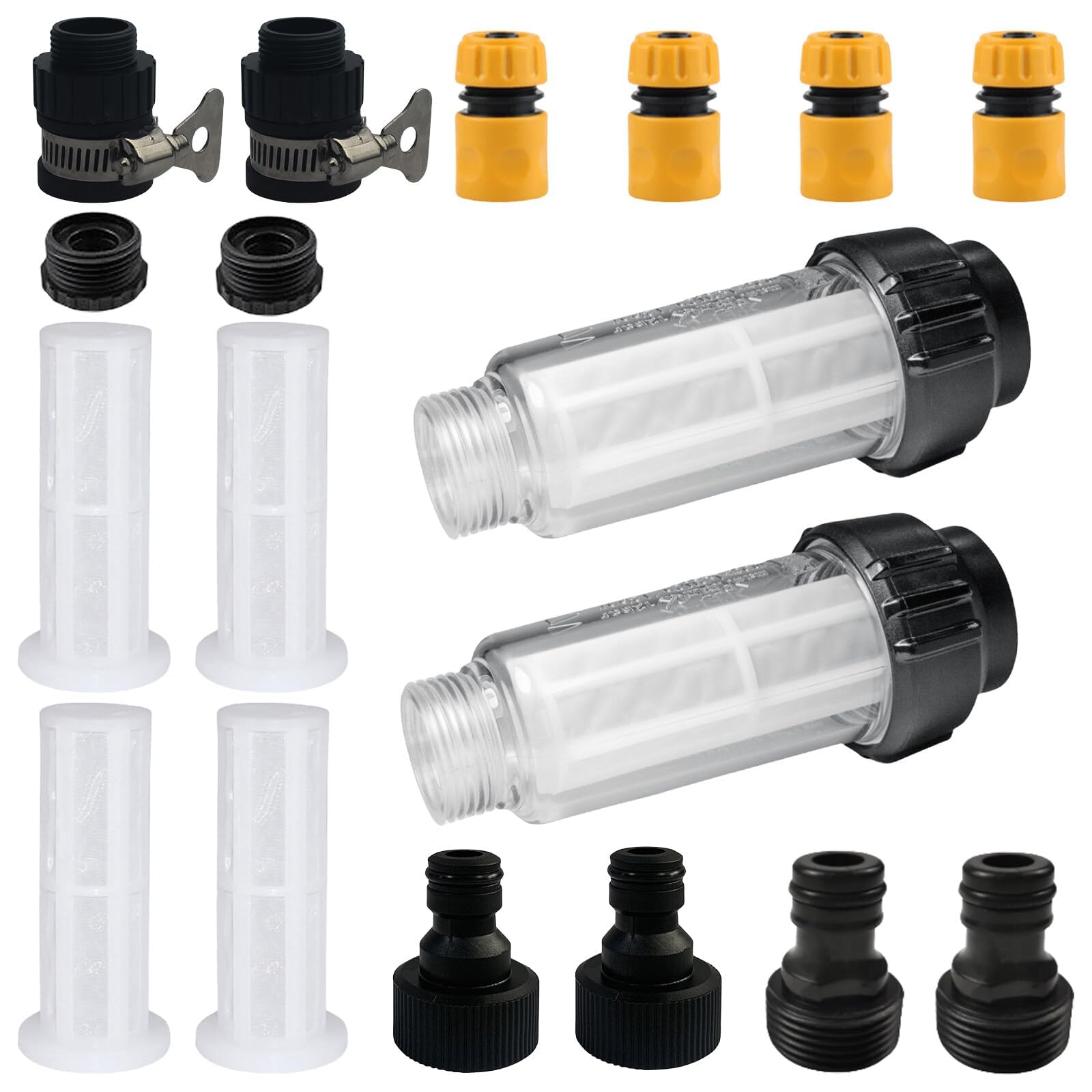 Set di 2 filtri dell'acqua, tubo da giardino, 3/4 pollici, prefiltro dell'acqua, set con 4 inserti per filtri e 4 adattatori rapidi per idropulitrici, pompa da giardino, irrigazione da giardino,