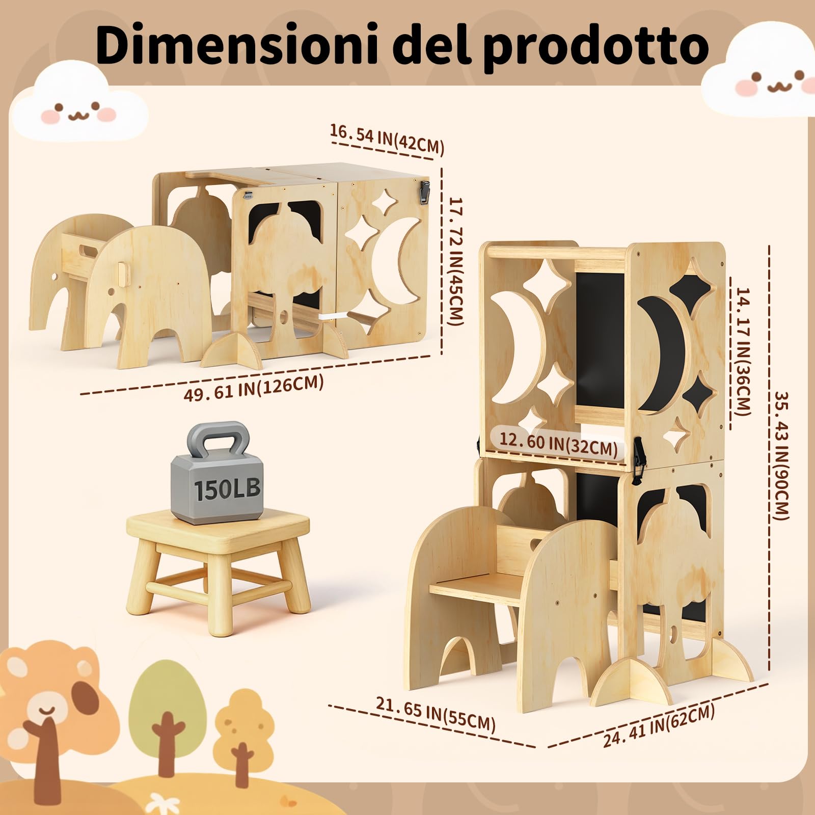 COSYLAND Torre Montessoriana Bambini 4 in 1 - Torretta Montessoriana con Scrivania e Sedia in Legno Naturale