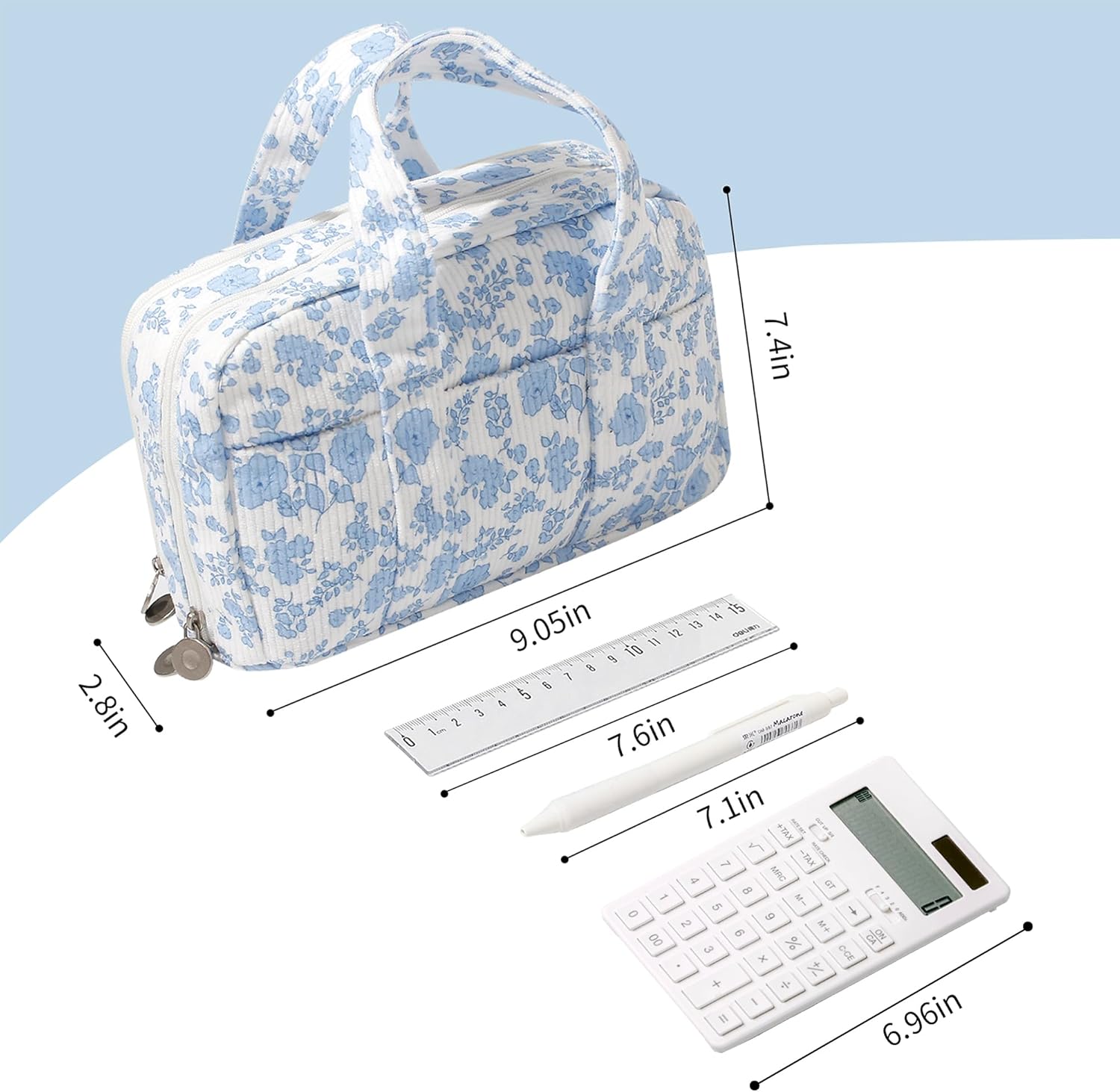 Large Pencil Case Pouch Extra Big Pencil Bag Wide Opening 5 Compartments Soft Corduroy Pen Bag Organizer with Zipper School Supplies for Girls Kids (A Navy blue flower) - Image 7