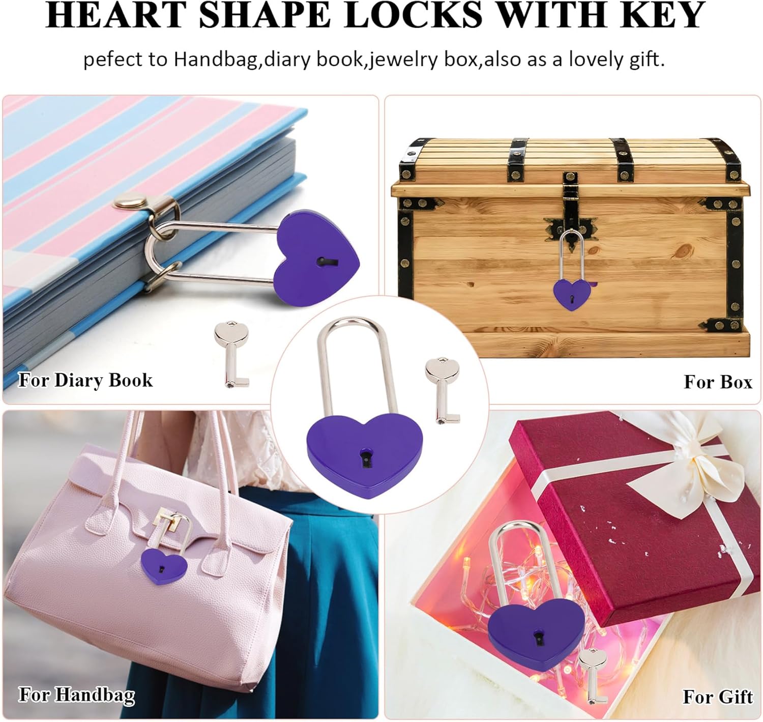 Love Lock,10pcs 3.5" Rubber Paint Purple Heart Sharped Padlock for Bridge, Anniversary Travel Gift(with Key)