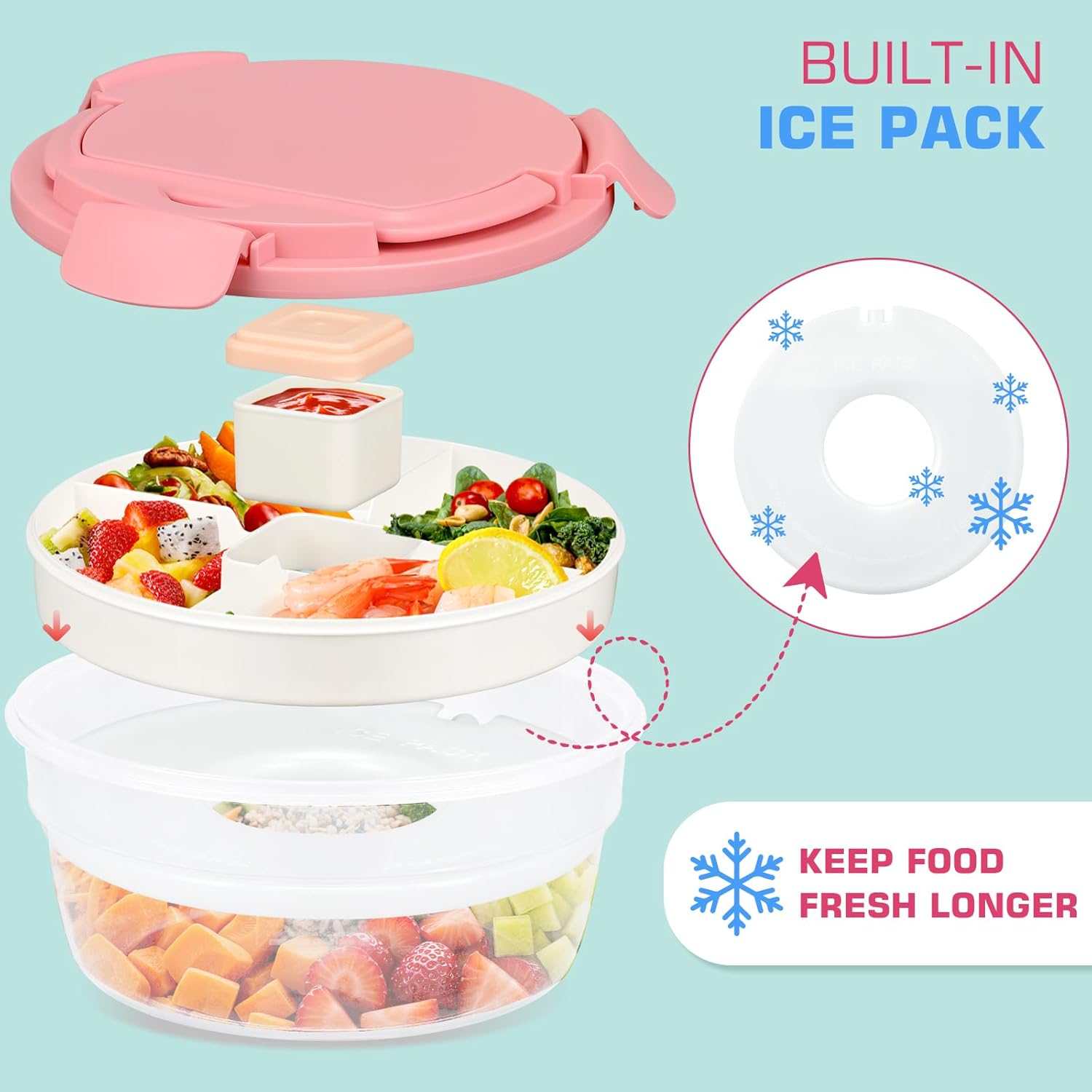 Salad Container for Lunch, Bento Lunch Box 58-oz with 4 Compartments Tray and Ice Pack, Leak-Proof Salad Bowl with Lid for Adults, BPA-Free Lunch Box for Meal Prep & Food Storage (Pink) - Image 2