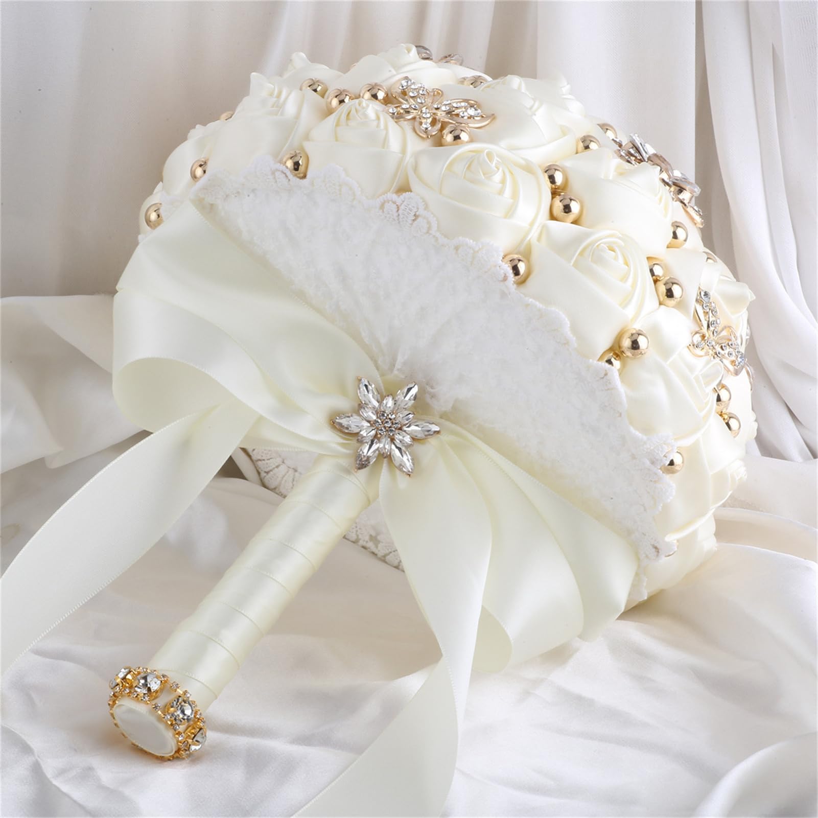 Ramo de rosas artificiales para novia, dama de honor, boda, quinceañera, ramo de rosas artificiales con broche brillante (66#marfil, grande (24 cm de diámetro)