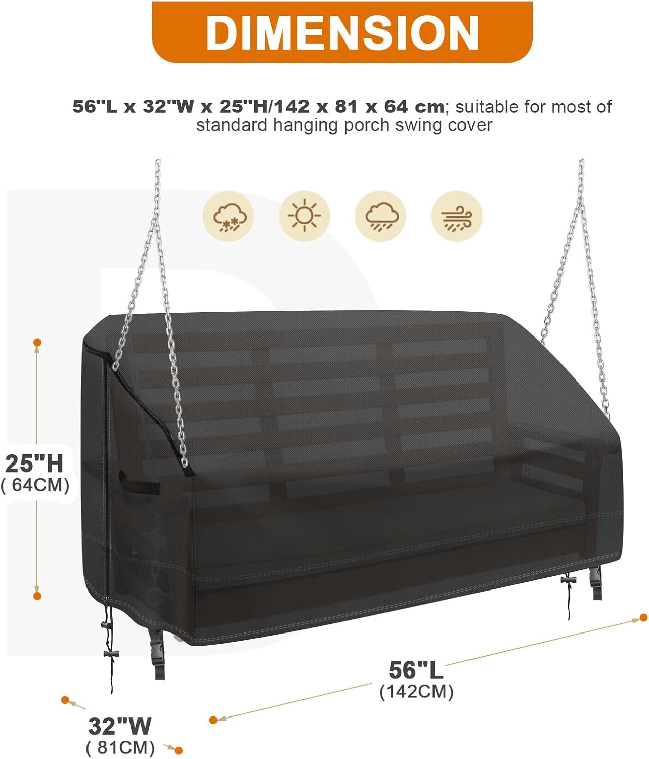 Porch Swing Cover Waterproof 600D Oxford Outdoor Protected Cover for Hanging Swing Chair Patio Garden Furniture Covers with ​Elastic straps（56”Lx32”Wx25”H Black）